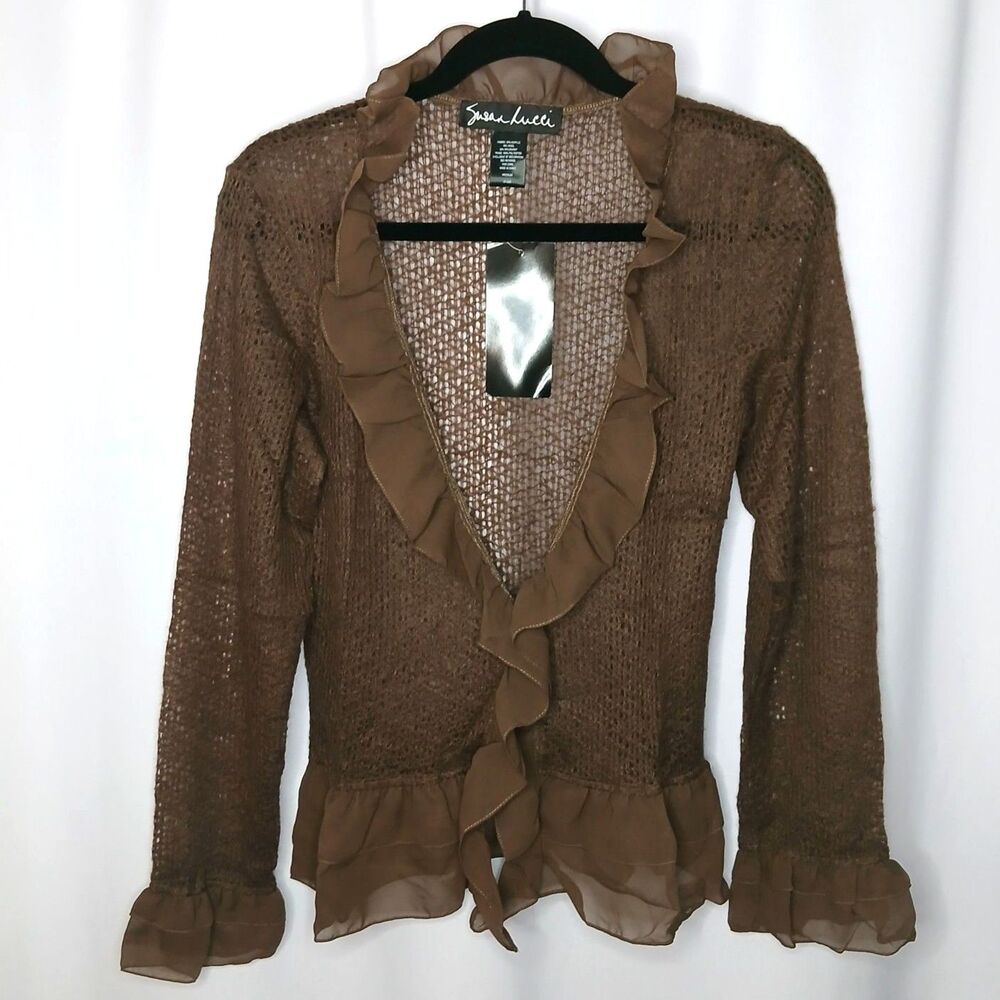 Susan Lucci Ruffle Open Cardigan Sweater Loose Knit Lghtwgt Brown NWT Womens Med
